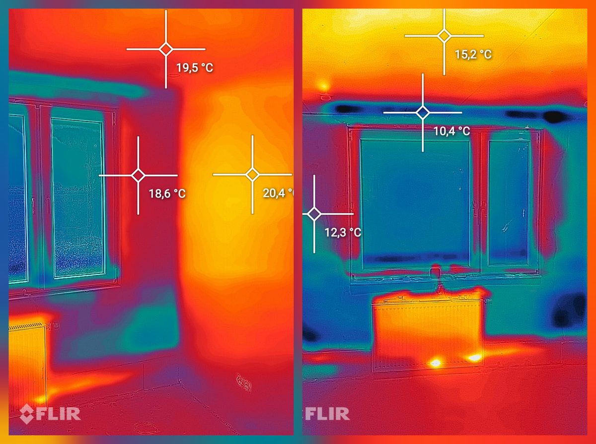 Dvije termografske snimke dnevne sobe jedna pored druge. Desno hladne mjerne točke s 15,2, 10,4 i 12,3 stupnja na zidu i nadvoju prozora, lijevo isto mjesto s 19,5, 18,6 i 20,4 stupnja.